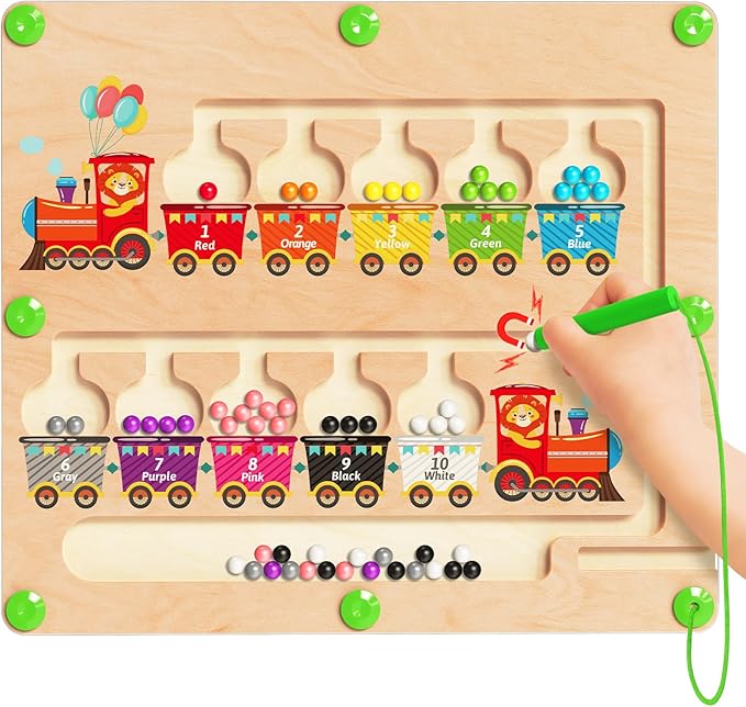 Magnetic Color and Number Maze, Montessori Toys for 2 3 4 Year Old, Wooden Color Matching Puzzle Board, Preschool Learning Activities for Ages 2-4 for Girls Boys Birthday Gifts - Train