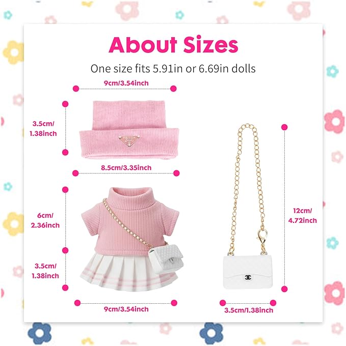 Doll Clothing Set (No Doll), Cute Cropped Straw Hat, Crossbody Bag, Dress, Suitable for 15-17cm Dolls, Outfit Accessory Set for Unique Styling (Pink-Pra)
