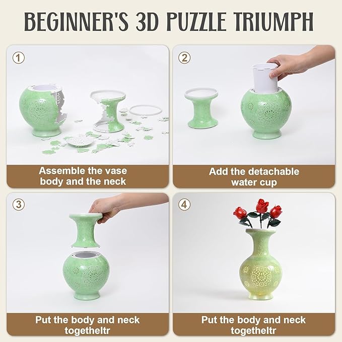 3D Puzzles Vase for Adults, 200 Pieces Plastic DIY Unique Flower Vase with LED Light House Warming Gift Birthday Gifts for Flower Arrangements and Home Decor (C- Mint Jade)