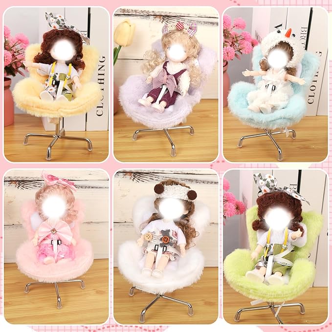 6 Pack Doll Chair Car Seat for Labubu, 15-17cm Dolls Accessories with Air Vent Clip & Desktop Stand, Cute Doll Car Seat for Toys Collection, （Purple, Pink, White,Green,Yellow,Blue）