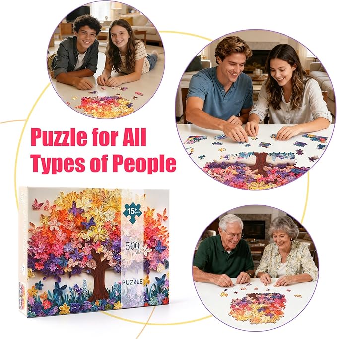 500 Piece Puzzle for Adults - Tree of Life Colorful Butterflies & Flowers Design, Challenging Family Game Night Puzzle, Perfect for Group Gatherings & Stress Relief