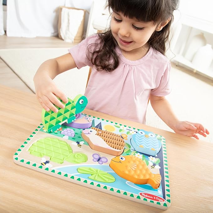 Melissa & Doug Forest Friends Touch & Feel Wooden Puzzle, 5-Piece Chunky Toddler Puzzles with Animals & Textured Silicone Puzzle Board Inlays, Preschool Toys for Girls & Boys Ages 2 and Up