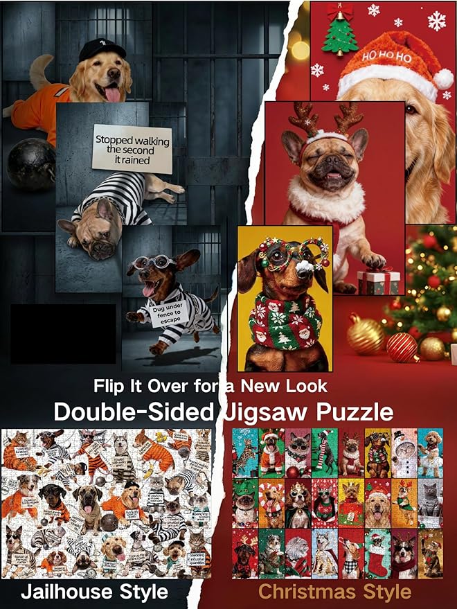 Double-Sided 1000-Piece Jigsaw Puzzle for Adults,DIY 24-Section Mystery Puzzle, Funny Jailhouse Dogs & Cats/Christmas Dress-Up Cats & Dogs, Challenging Family Fun, 27.6 x 19.7 in Hipazous