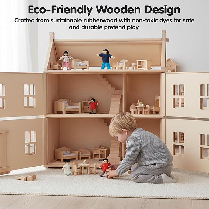 PlanToys® Family Wooden Dollhouse Figurine Set | 4 Poseable 1:12 Scale Mini Dolls (Parents & Kids) | Dollhouse Accessories for Pretend Play | Eco-Friendly Montessori Toy for Kids Ages 3+