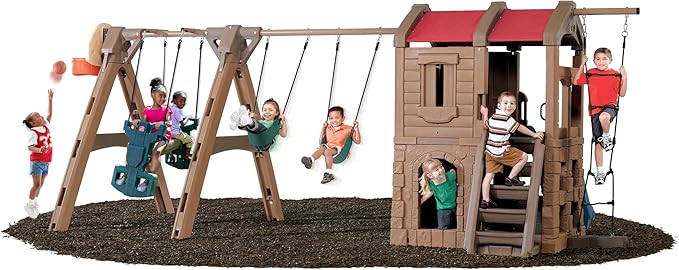 Step2 Naturally Playful Adventure Lodge Play Center with Glider, Kids Outdoor Playset, Two Tier Backyard Playground Set, Slide, Swings, Rope Ladder, Basketball Hoop, Jungle Gym, Children 3-8 Years Old
