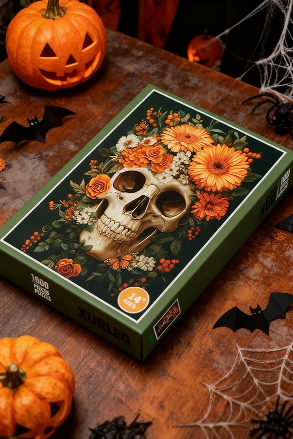 Vintage Skeleton’s Floral 1000-Piece Jigsaw Puzzle for Adults –Challenging Dark Halloween Skeleton Art, Premium Matte Finish, 27.56 x 19.68 Inches, Perfect for Game Nights