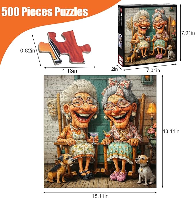 Happy Grandma Paper Puzzles for Adults 500 Pieces - Funny Old Sisters Jigsaw Puzzle Porch Scene, Senior Women Best Friends Puzzle, Home Decor Challenge Commemorative Gift for Old People