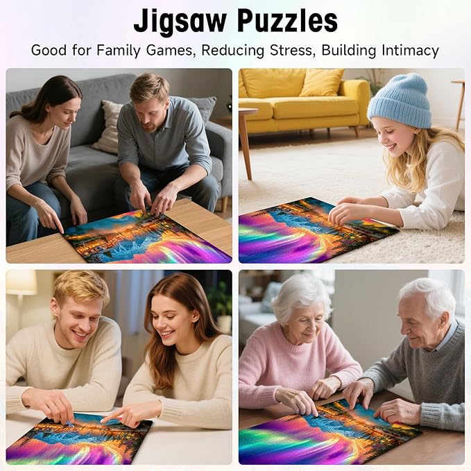 Puzzles for Adults 1000 Pieces, Northern Lights Aurora Over Mountain Village Winter Landscape Jigsaw with Letters on Back, 20x28 Inch Wall Art, Challenging Relaxing Family Game