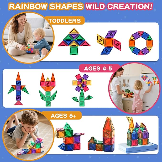 BunnyBoo Mini Magnetic Tiles, 42PCS Travel Magnetic Building Toys with Case, Educational Portable STEM Sensory Toys for Kids Ages 3+, Creativity Boosting Gift for Toddler Boys Girls Christmas Birthday