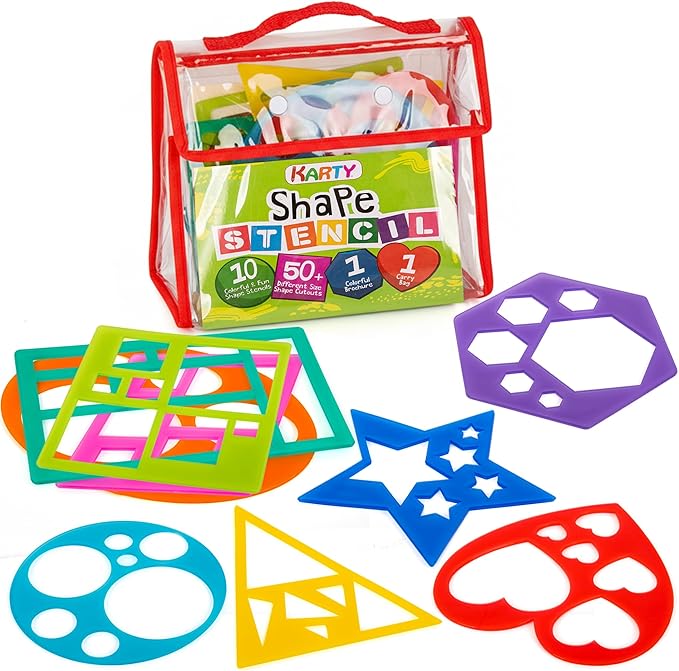 Karty Thick Shape Stencil Set with Case, 10pcs Sturdy Plastic Drawing Templates for Kids, Teacher Classroom Supplies and Preschool Arts & Crafts, Colorful Learning Kit for Toddlers Ages 4+