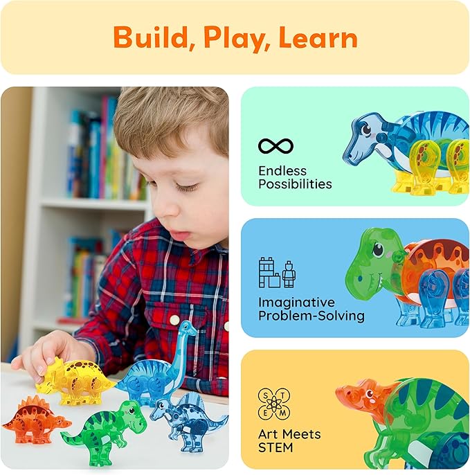 PicassoTiles Dinosaur Magnetic Tiles Accessory Set Mix and Match Dino Figure Parts for STEM Magnet Tile Construction Building Blocks Sets Creative Pretend Play Educational Toy for Kids Ages 3+ PTA28