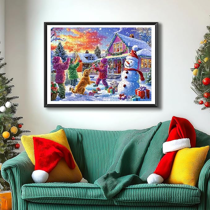 Christmas Puzzles for Adults 1000 Pieces, Christmas Snowman Ice Sculpture with Dog Jigsaw Puzzles Adults and Teens Family Challenging for Game Nights (27.5 x 19.7 inch)