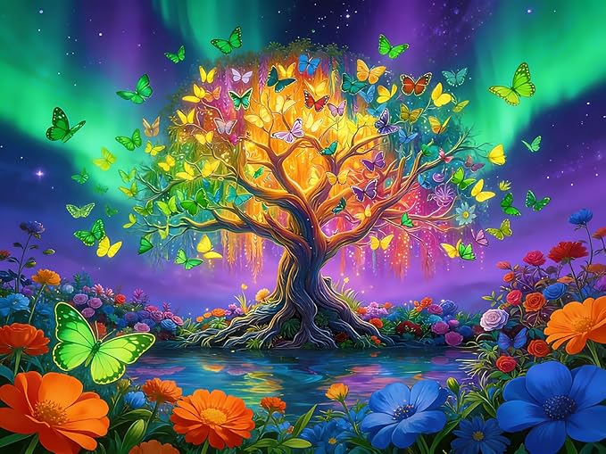 Tree of Life Puzzles for Adults 500 Pieces, Colorful Butterfly Aurora Tree Jigsaw Puzzle with Letters on Back, 21x15 Inch for Family Game Night, Puzzle Gift for Puzzle Lovers
