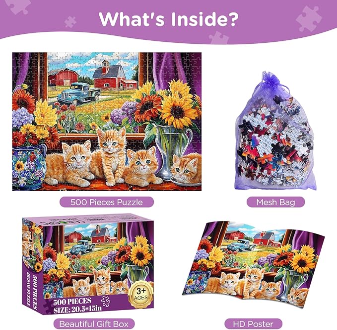 500 Pieces Jigsaw Puzzles for Adults, Cat Flower Truck Jigsaw Puzzles 500 Piece for Adults Seniors, Recycled Paper 500 Pieces Puzzle as Home Decor, Sturdy Puzzle Challenging Family Game Great Gift