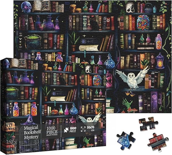 Magic Book Library Puzzles for Adults 1000 Pieces, Funny Halloween Bookshelf Jigsaw Puzzle, Difficult Bottle Owl Art Puzzles
