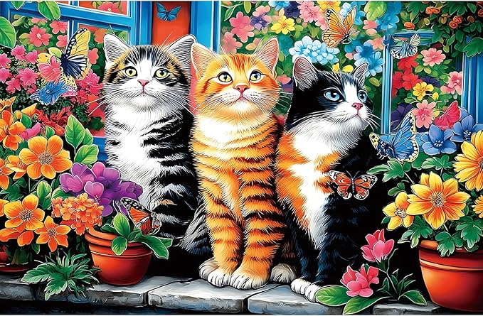 Blueforest Puzzles for Adults 500 Pieces - Cats in Garden with Vibrant Flowers & Butterflies Jigsaw Puzzle, 23x15 Inches Intermediate Challenge