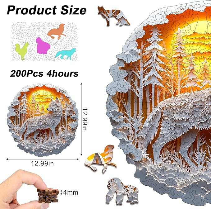 Wooden Puzzles for Adults, 210 Pieces White Wolf Sunset Forest Circular Jigsaw Puzzle, Unique Shaped Laser Cut Wood Art Puzzle, Easter Gift for Mom, for Nature Lovers
