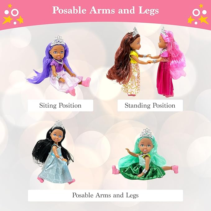 Little Dolls Set with Mini Princess Dolls for Girls – Princess Toy Dolls for Dollhouse –Small Doll Mini Princess Figures with Tiaras, Hair Accessories