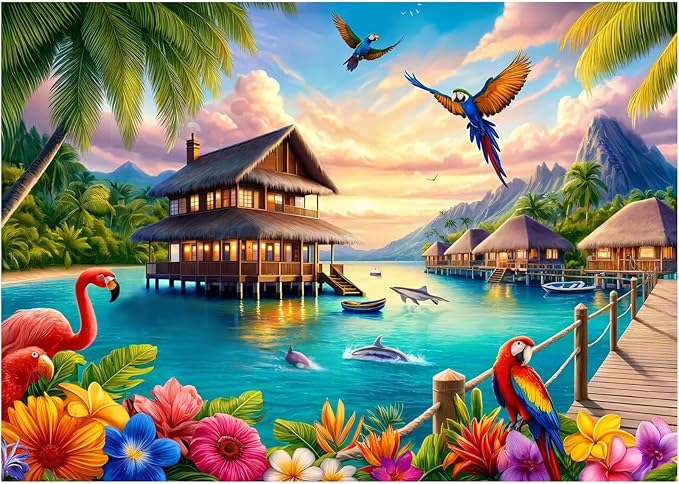 Rocorose 1000 Piece Family Jigsaw Puzzle for Adults, Parrot Flamingo Dolphin Animal Puzzle, Challenging Lakeside Sea Scenic Tropical Islands Puzzle Game Home Decor
