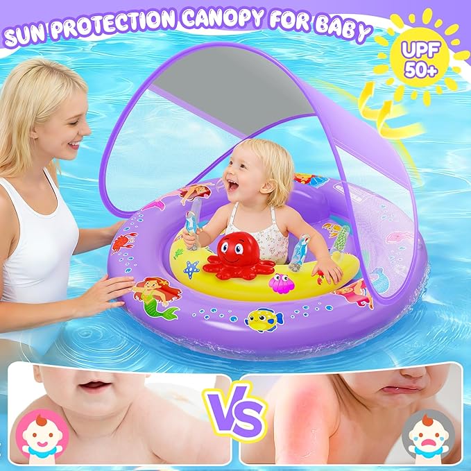 Baby Pool Float with UPF50+ Sun Protection Canopy, Inflatable Mermaid Baby Swim Float with Double Air Chambers, Adjustable Safety Seat & Toy Console Toddler Pool Float for 6-36 Months Boys Girls