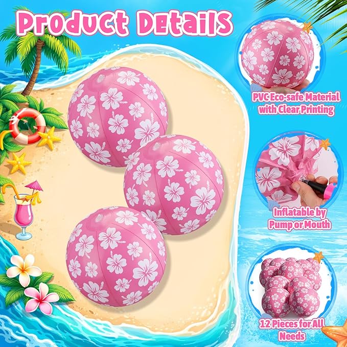 Soulchen 12 Packs Hawaiian Beach Ball for Kids Bulk 7.87 Inch Summer Inflatable Hibiscus Print Beach Balls Flower Summer Pool Toys Games for Swimming Birthday Luau Party Decoration Party Favor