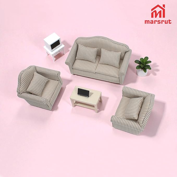 3pcs Dollhouse Couch, 1/12 Scale Living Room Furniture Accessory, Timeless Classic Miniature Double & Single Couch with Pillow, Upholstered Sofa Armchair Set Accessories for Bedroom Sectional Décor
