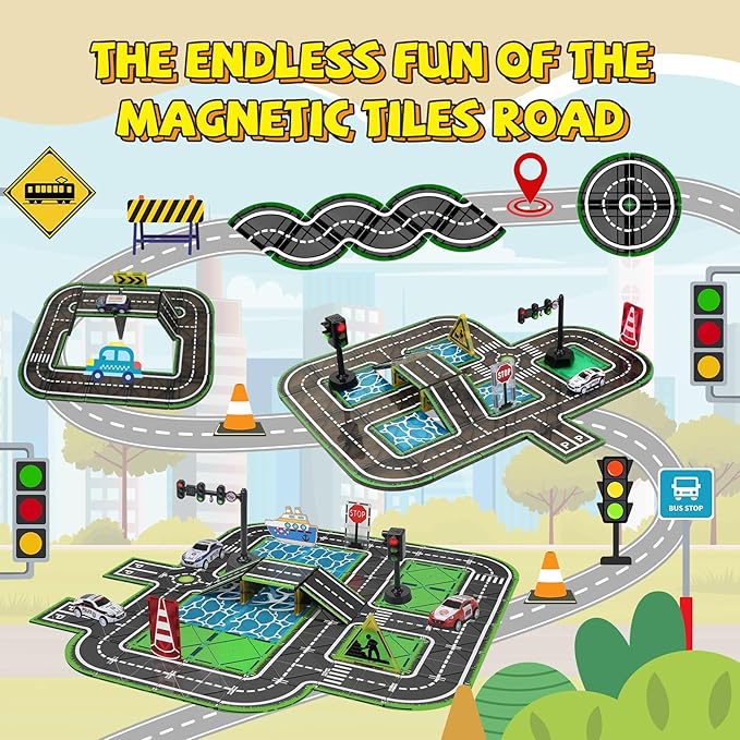 Magnetic Tiles Road Set with Pullback Car & Magnet Ship,Traffic Themed Magnetic Building Tiles Set with Traffic Light,STEM Magnet Tile for Kids Ages 3-5 4-8 5-7,Preschool Educational Kids Toys Gifts