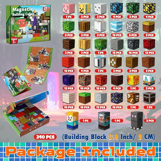 240 PCS Magnetic Blocks - Magnetic Building Block, Stacking Magnet Building Cubes for Kids, Magnetic Construction Toy for Boy Girl, STEM Montessori Sensory Toy Ages 3-12 Years Old Easter Birthday Gift