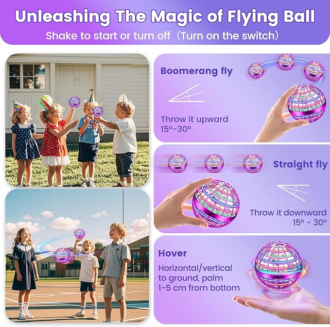 Flying Orb Ball Toy, 2026 Upgrade Hand Controlled Hover Ball with LED Lights,360° Rotating Boomerang Globe Cool Mini Drone, Ideal Birthday&Christmas Gift for Boys Girls-Bright Purple