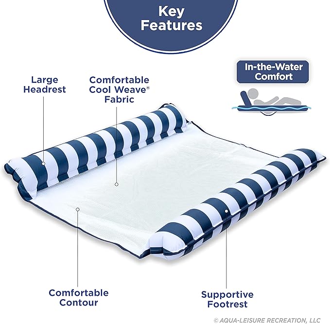 Aqua 2-in-1 Catalina XL Pool Float & Water Hammock – 1-2 Person, Multi-Purpose Inflatable Pool Floats for Adults – Patented Thick, Non-Stick PVC Material – Navy/White Stripe