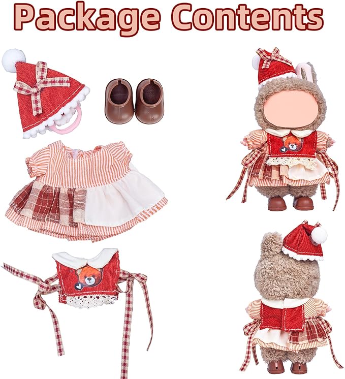 Clothes for Labubu 17cm Doll (NO Doll), 4 Piece Labubu Clothes Set, Cute Labubu Outfits with Accessories, Handmade Crochet La Bubu Doll Dress Up Set（Party Bear）
