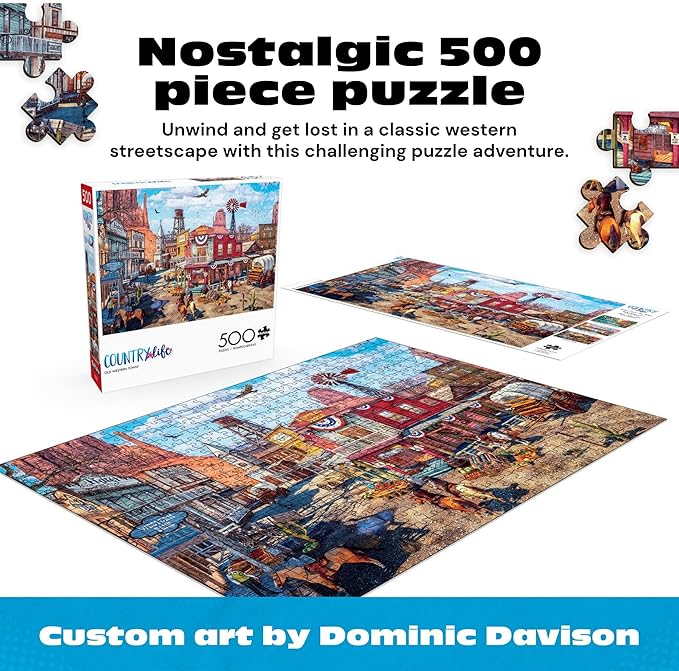 Buffalo Games Old Western Town - Dominic Davison - 500 Piece Jigsaw Puzzle for Adults - Challenging Vintage Western Art with Bonus Diagram - Country Life Collection - Made in the USA