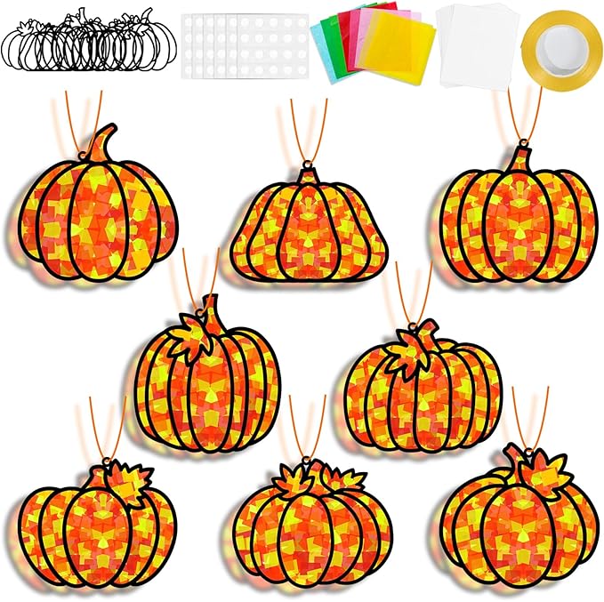 32 Sets Pumpkin Suncatchers Craft Kit DIY Window Stained Glass Effect Fall Pumpkin Paper Crafts Home School Classroom Autumn Thanksgiving Decor Kid Birthday Gift Creative Art Project Activity Game