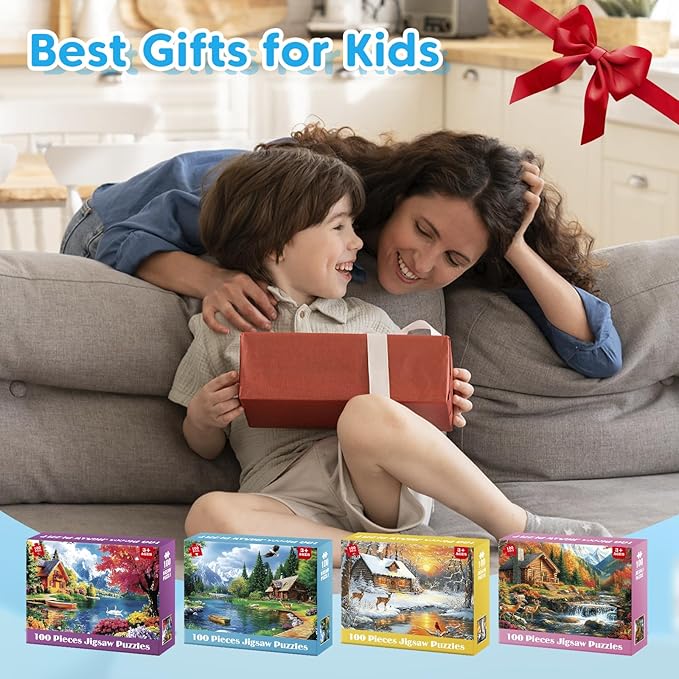 4-Pack 100 Piece Puzzles for Adults 4 Seasons Country Cottages Large Piece Puzzles for Seniors Dementia Alzheimer's Products Activities for Elderly Adults Kids Puzzle for Kids Ages 6-8 8-10