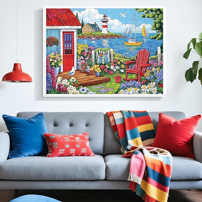 300 Pieces Puzzles for Adults,Seaside Garden House 300 Pieces Large Puzzle for Adults Seniors,Coastal Lighthouse Jigsaw Puzzle for Kids Ages 8-10,Challenging Family Games, 20.5 x 15 in