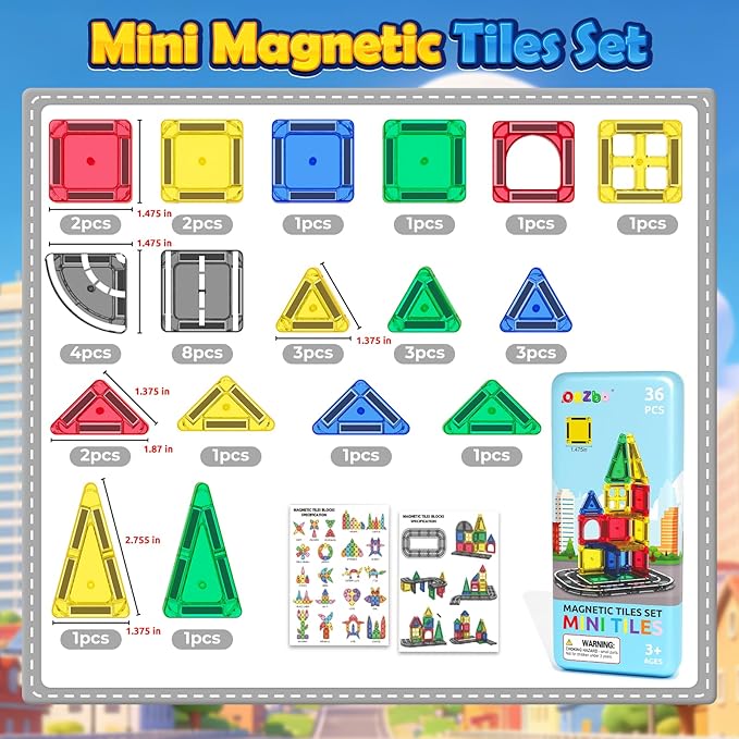 Mini Magnetic Tiles Road with Case Toddler Travel Toys Trip Essentials Set, Magnetic Building Blocks Toys for 3 4 5+ Year Old Boys Girls Montessori Sensory Learning Easter Birthday Gifts