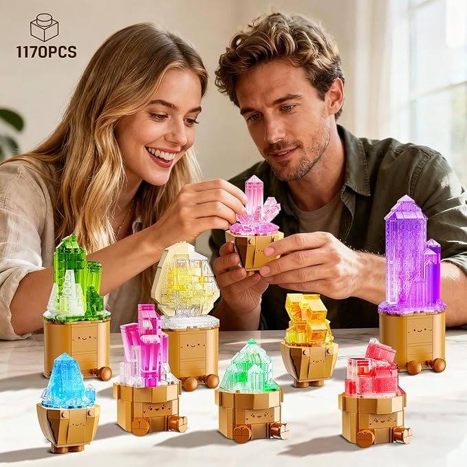 9 Pack Easter Party Favor Mineral Mini Building Set with LED Light, 1170PCS Crystals Flower Bonsai Block Toy for Goodie Bag Fillers Classroom Prizes, Birthday Gift for Kids Adults Women