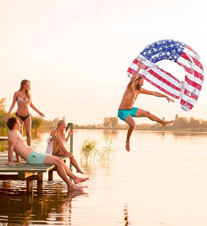 POZA Inflatable USA Pool Float - Luxurious Fun Lounger Filled with Sparkle Silver Stars Confetti, Cool USA Flag Design Water Swimming Pool Floaties for Beach, Lake & Pool