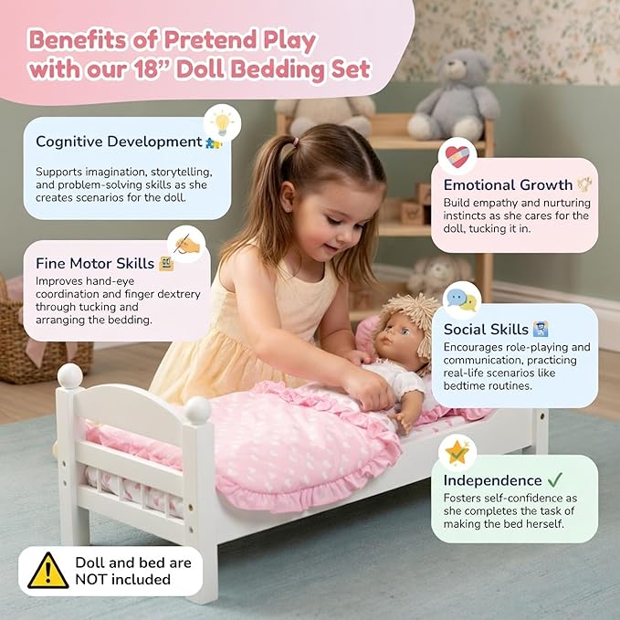 Emily Rose 18" Doll Pink Heart Valentines Bedding Set – 5 Pc Doll Bed Bedding & Bedroom Accessories with Comforter, Pillows & Matress Covering Flat – Fits American Girl, Bunk Beds, Cribs