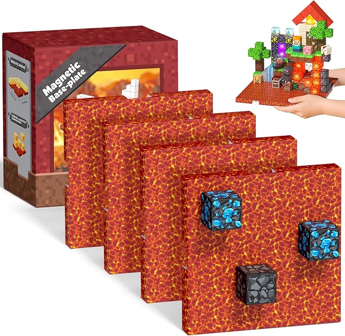 4PCS Magnetic Blocks Base Plates for Kids, 4" x 4" Strong Grip Magnetic Tiles Base Fits Most Magnetic Blocks & Cubes, STEM Building Toy Birthday Gifts for Boys Girls Ages 3+ (Lava)