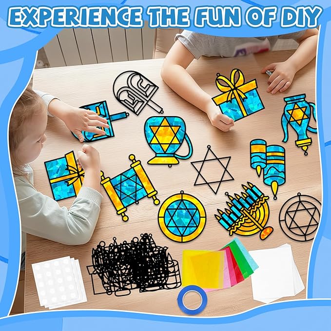 QOUBAI 32 Sets Hanukkah Suncatchers Craft Kit DIY Window Stained Glass Effect Chanukkah Paper Crafts for Home School Classroom Decoration Kid Birthday Gift Creative Art Project Activity Game