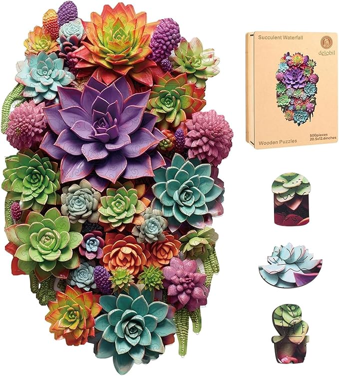 Delobil Puzzles for Adults 500 Pieces with Puzzle Saver - Succulent Wooden Puzzle Unique Adult Jigsaw Puzzles Brain Teaser Family Game Gift 20.5'' X12.6''