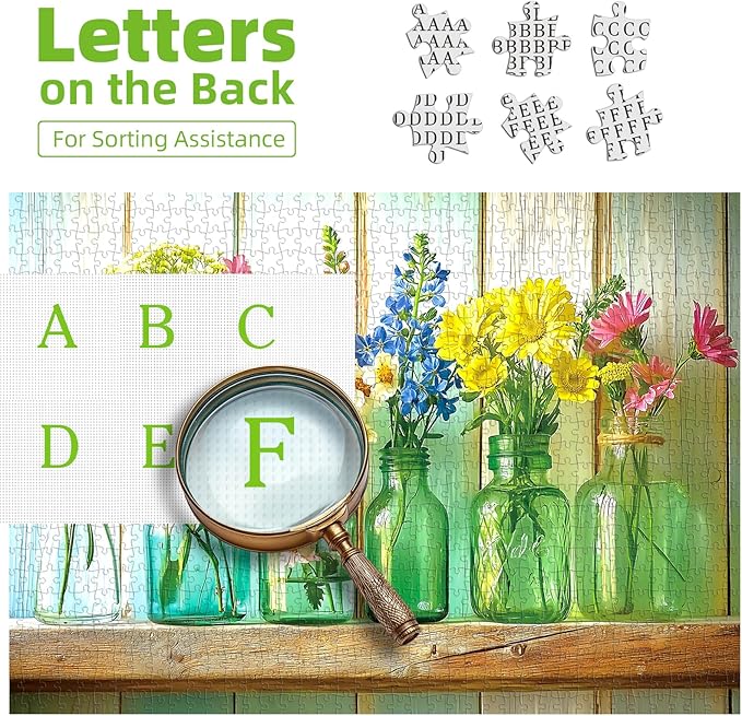 1000 Piece Puzzle for Adults Floral Glass Mason Jar Spring Garden Colorful Flowers Unique Adult Jigsaw Puzzles with Letters on Back Fun Adult Games for Game Night(27.6"x19.7")