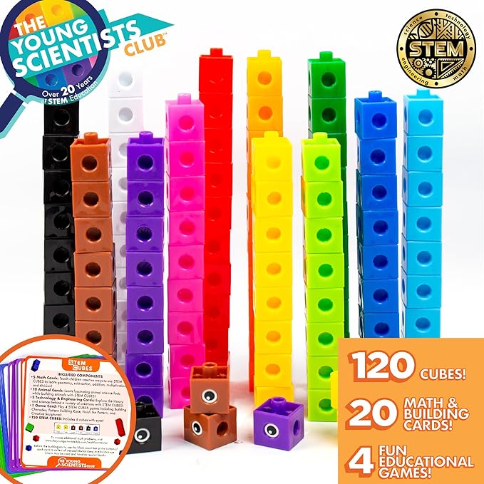 The Young Scientists Club STEM Cubes, Build, Learn & Create with 100+ Math Cubes Manipulatives, 4-in-1 Educational Games, Math Cubes for Kids Ages 4-8, Awesome Learn Through Play Toys