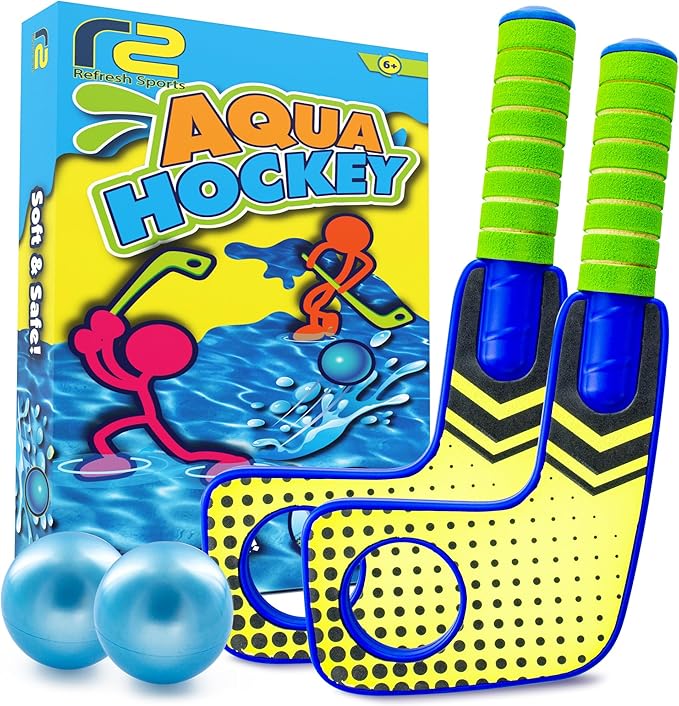 Fun Mini Hockey Sticks Game - Play at the Pool & Beach or in Home - For Kids & Adults All Ages - Use The Floating Soft Paddles to Shoot the Water Skipping Balls - Comes With 2 Sticks & 2 Balls