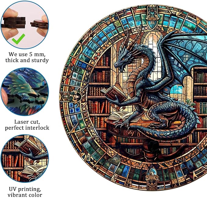 Jigfoxy Wooden Puzzles for Adults, Dragon's Library Wood Puzzles Adult, Unique Animal-Shaped Wooden Jigsaw Puzzles, Christmas Thanksgiving Gifts for Family and Friends (M-11.4 * 11.4in-200pcs)