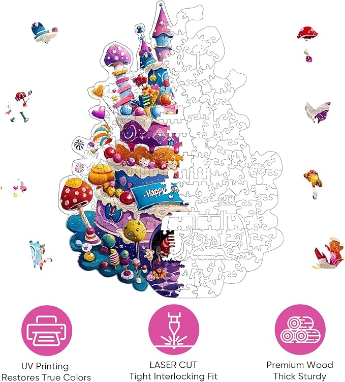 Mocfesk Birthday Cake Jigsaw Wooden Puzzles, Irregular Wooden Puzzles for Adults and Kids, Funny Party Birthday Gifts Beautiful Home Decor 16.9 x 12.8 in