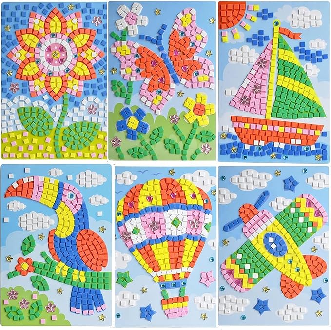 LZHZH Mosaic Sticker Art for Kids - 6 Pack DIY Craft Kits with Sunflower, Butterfly, Sailboat, Woodpecker, Hot Air Balloon, Airplane Designs, Easy Peel Stickers for Ages 3 4 5 6 7 8+