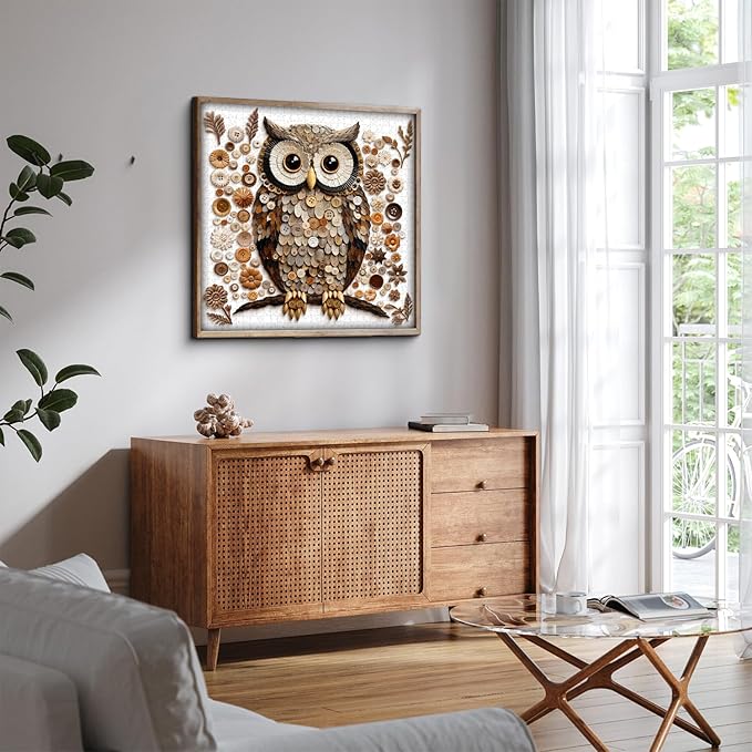 Button Owl Puzzles for Adults 1000 Pieces, Nature Forest Bird Jigsaw Puzzles, Vintage Animal Art Puzzle as Owl Decor