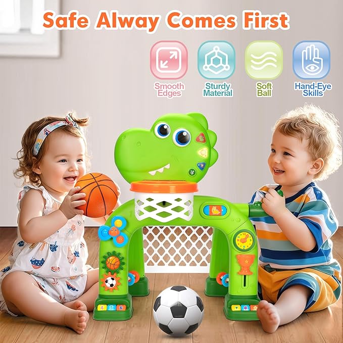 Toddler Basketball Hoop & Soccer Goal, Baby Toys for 1 2 3 Year Old Boys Girls, Kids Sports Toy with Light Sound Music, Dinosaur Toys for 12-16-18 Months, Christmas Birthday Gifts for Ages 1-3